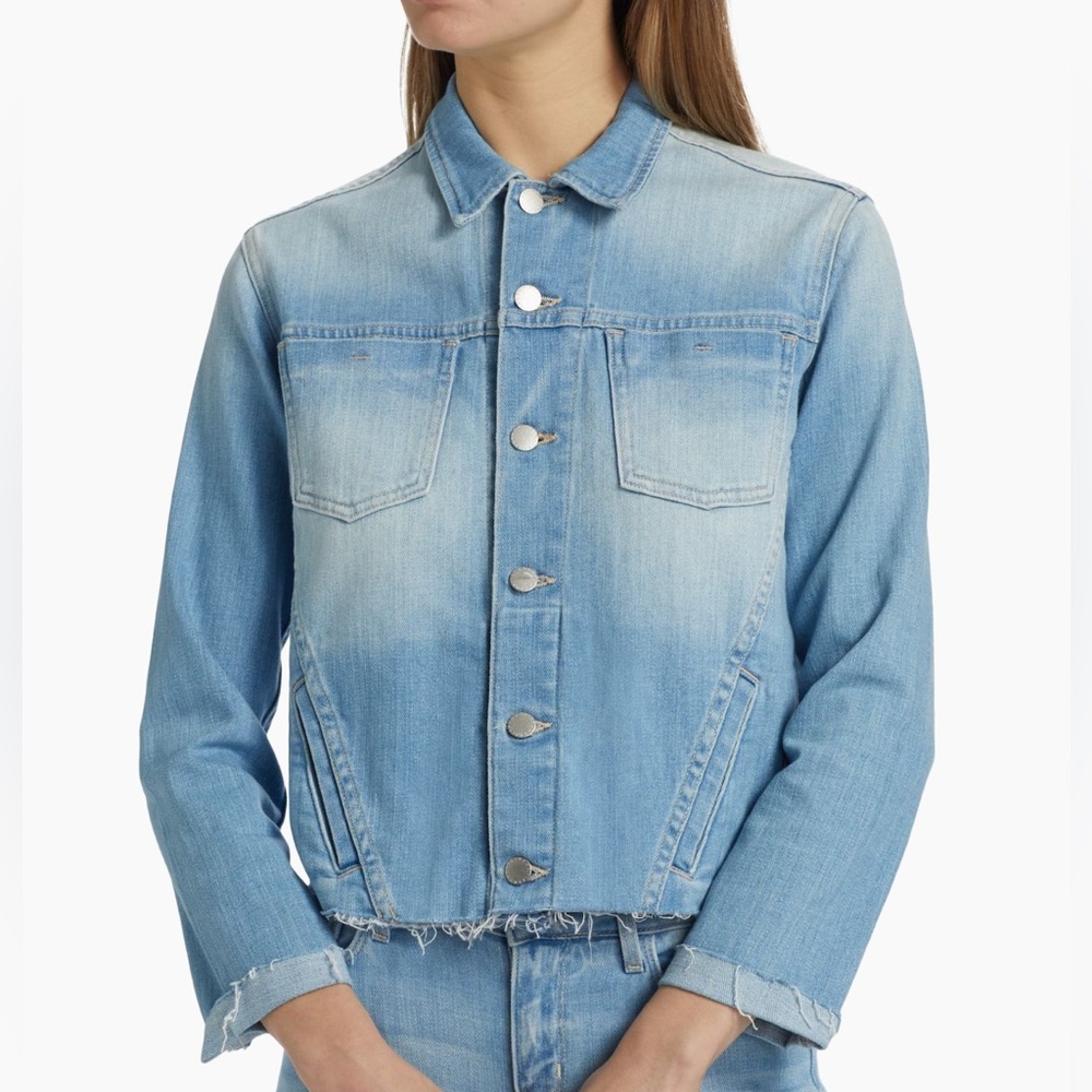 L'Agence slim fit raw edge denim jacket.